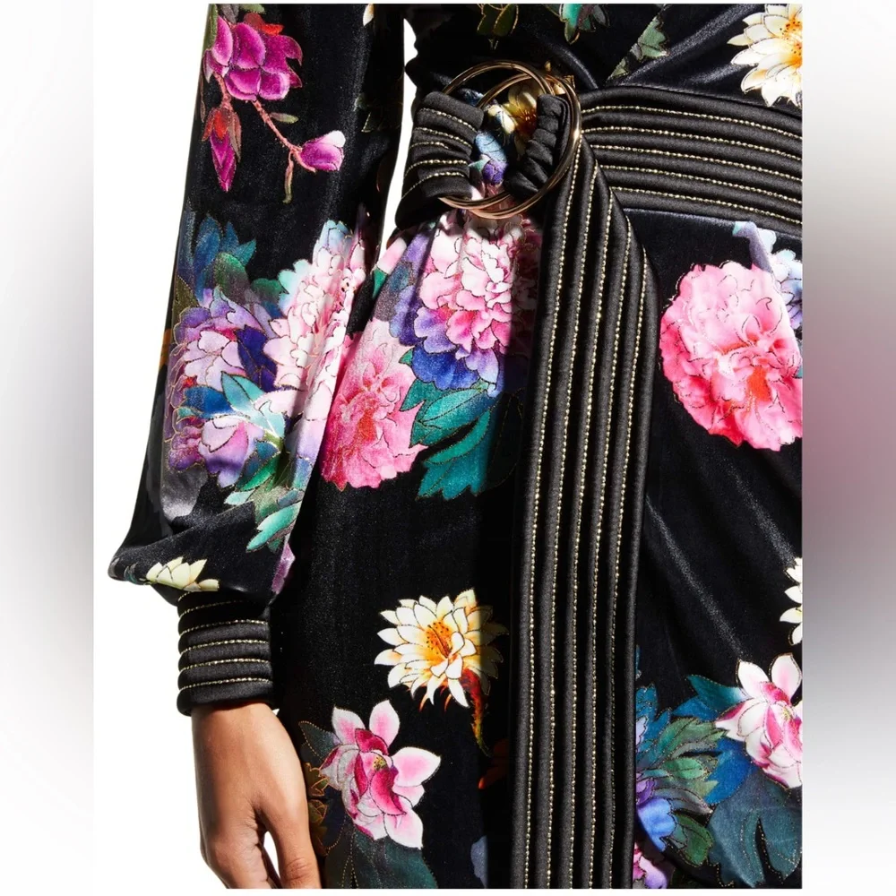 Zhivago Come Back Baby Belted Velvet Mini Floral Wrap Dress 4 Black - Picture 6 of 11